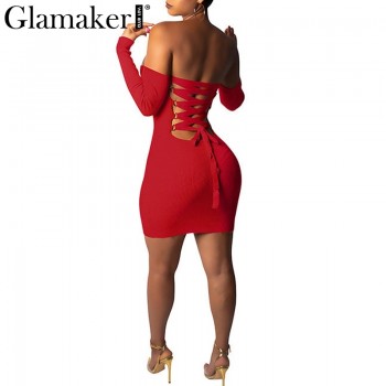 Sexy knitted off shoulder bodycon dress Women backless lace up mini dress